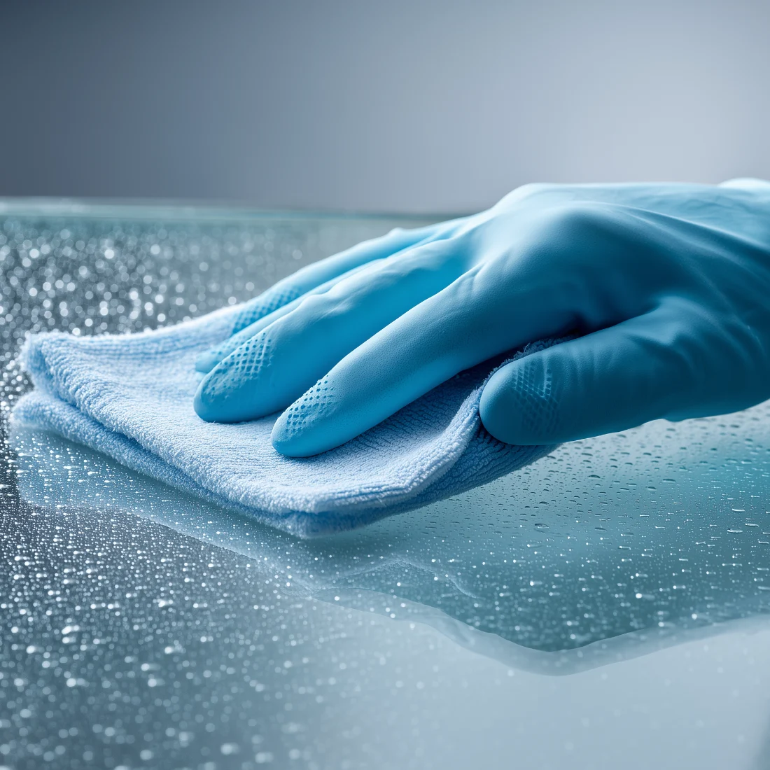 Behandschuhte Hand reinigt eine Glasfläche streifenfrei