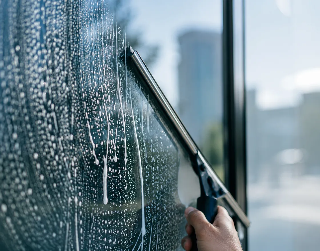 Streifenfrei gereinigte Glasfront mit Tageslicht