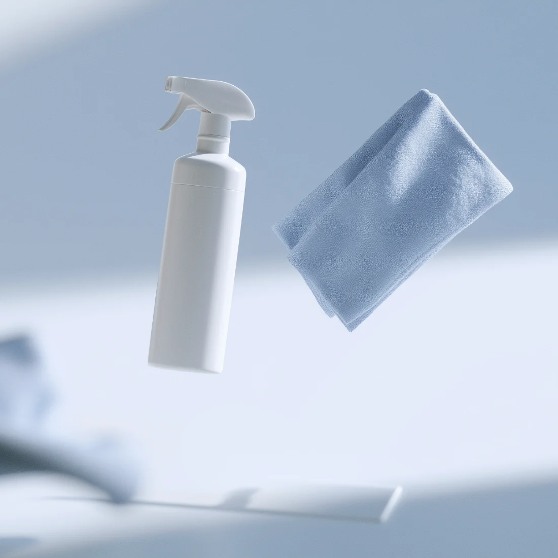 Sauberes, hygienisches Reinigungs-Stillleben mit Sprühflasche und Tuch