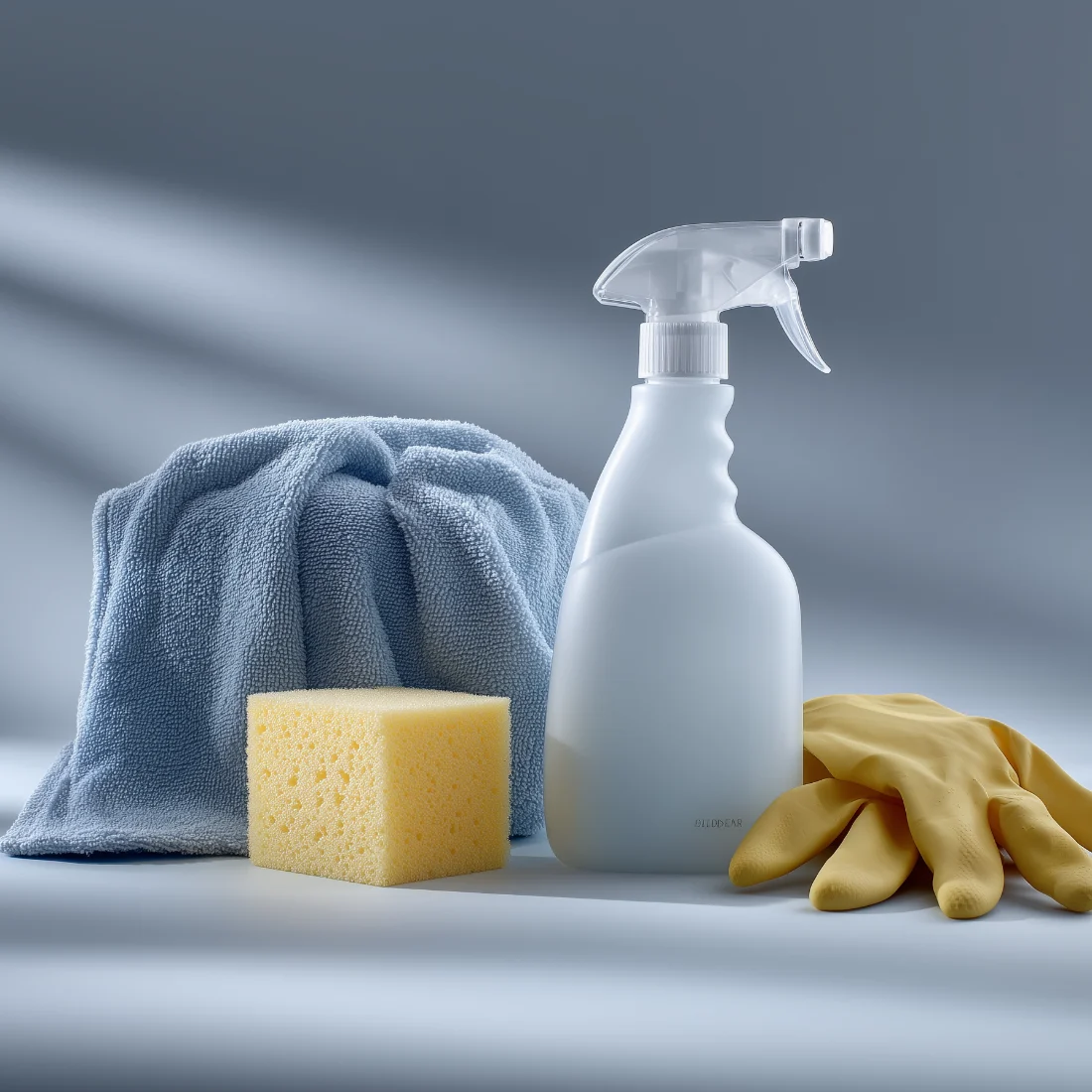 Reinigungsmittel, Tücher und Handschuhe für die Unterhaltsreinigung
